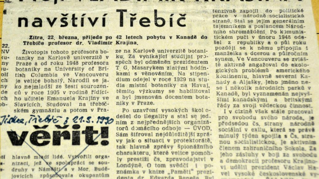 prof. Vladimír Krajina, článek v novinách z roku 1990