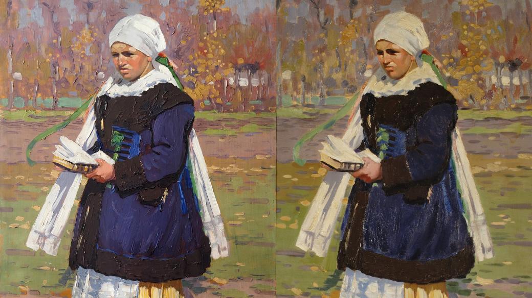 Joža Uprka, Žena v kožichu; 1899; Západočeská galerie v Plzni a Myjavanka; 1909; Městské muzeum Vodňany