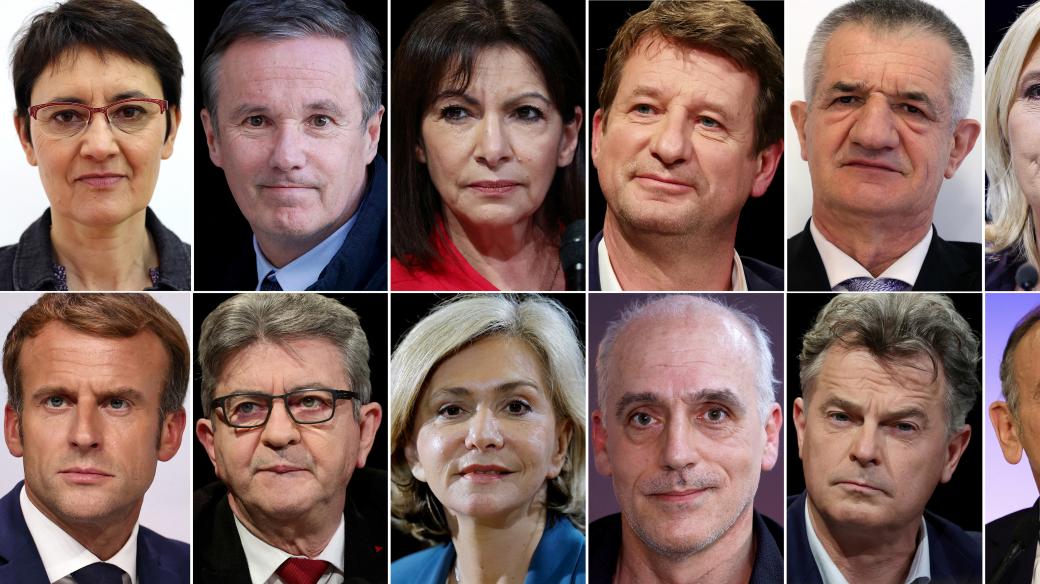 12 kandidátů na prezidenta Francie - zleva: Nathalie Arthaudová, Nicolas Dupont-Aignan, Anne Hidalgová, Yannick Jadot, Jean Lassalle, Marine Le Penová, Emmanuel Macron, Jean-Luc Melenchon, Valerie Pecresseová, Philippe Poutou, Fabien Roussel, Eric Zemmour