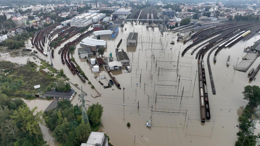 Zaplavená městská část Ostrava-Mariánské Hory, Ostrava-Přívoz, kde je hlavní nádraží