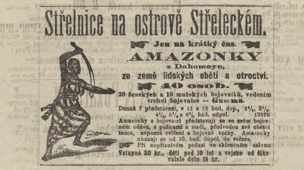 Reklama na vystoupení tzv. dahomejských amazonek v Národních listech ze dne 11.9.1892 (upraveno)