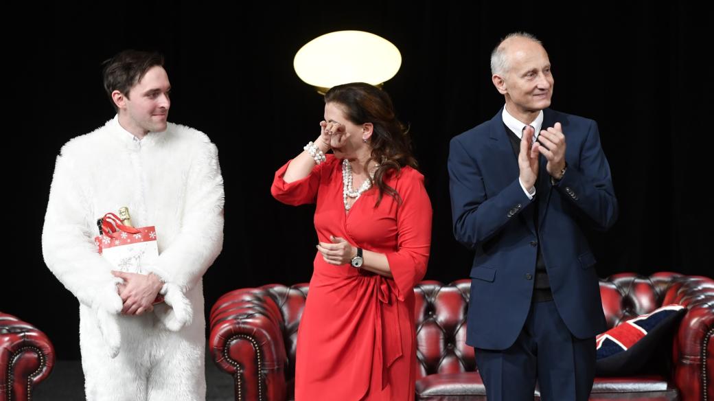 Karel Heřmánek ml., Dana Morávková, Josef Carda. Divadlo Bez zábradlí. Hra Jistě, pane premiére (2018)