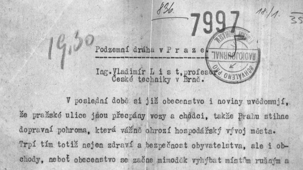 Textový podklad přednášky Vladimíra Lista o projektu pražského metra (18. 1. 1935)