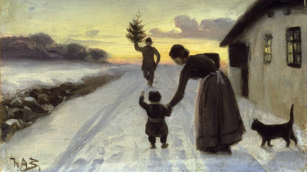 Obraz Hanse Andersena Brendekildeho z roku 1894 s názvem Příchod vánočního stromku