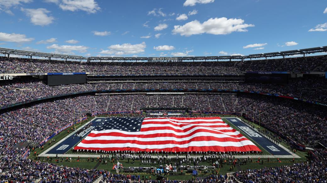 Pohled na hřiště před zápasem mezi Minnesota Vikings a New York Giants na stadionu MetLife 8. září 2024 v East Rutherfordu v New Jersey