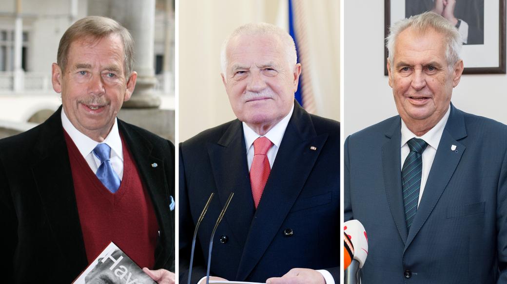 Prezidenti České republiky. Zleva: Václav Havel, Václav Klaus a Miloš Zeman