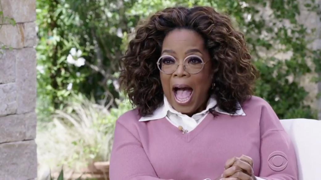 Oprah Winfrey během rozhovoru s Meghan a Harrym