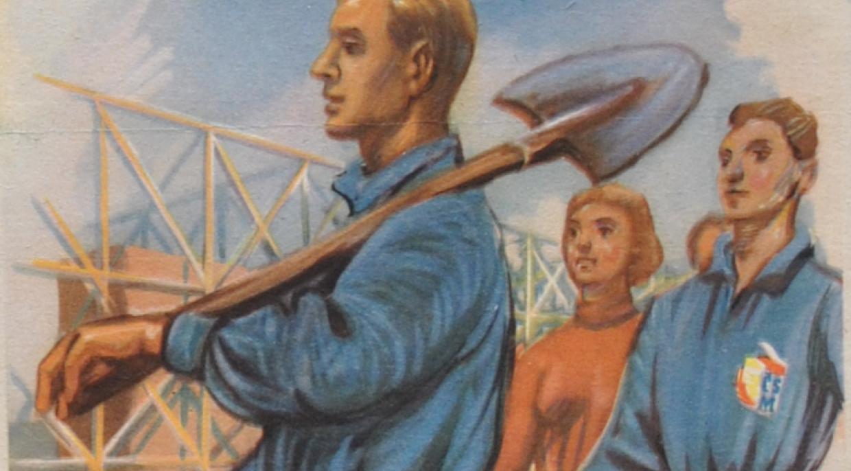 Budovatelský plakát Vybudujeme Ostravsko! (výřez)