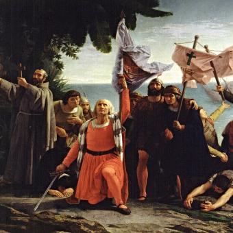 Obraz První vylodění Kryštofa Kolumba v Americe od malíře Dióscora Teófila Puebly Tolína z roku 1862