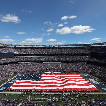 Pohled na hřiště před zápasem mezi Minnesota Vikings a New York Giants na stadionu MetLife 8. září 2024 v East Rutherfordu v New Jersey