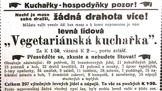 Inzerce vegetariánské kuchařky z roku 1917