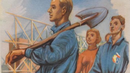 Budovatelský plakát Vybudujeme Ostravsko! (výřez)