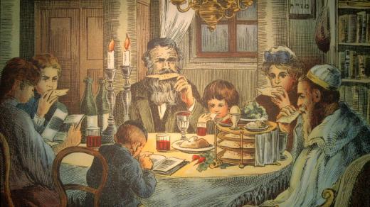Tradiční sederový obřad. Autor ilustrace neznámý. Hagada šel Pesach. Vídeň 1928.