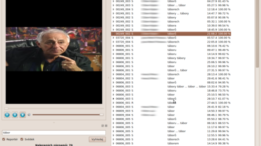 Aplikace pro vyhledávání v českém videoarchivu projektu MALACH - výskyt slova "tábor" nalezen v záznamech o celkové délce 40 dnů za 37,5 vteřiny.