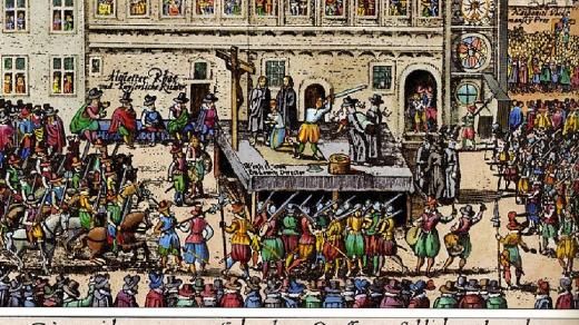 Poprava 27 českých pánů na Staroměstskémk náměstí (dobová rytina)