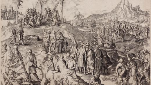 Lucas van Leyden: Kalvárie (Golgota), 1517, mědiryt, Městská muzea v Žitavě.