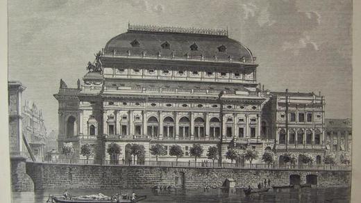 Národní divadlo, Praha, 1881, dřevořez. Podle fotografického snímku F. Fridricha