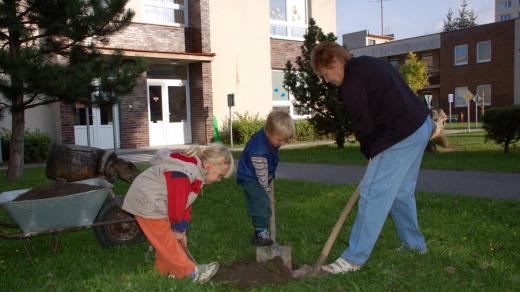 Senioři pomáhali sázet jabloň v mateřské škole na sídlišti Máj