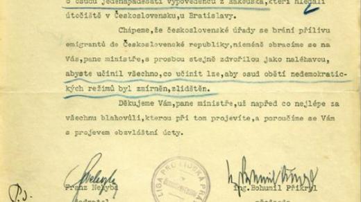 Dopis Ligy pro lidská práva ministru vnitra Československé republiky ze dne 23. 4. 1938. Národní archiv, Presidium ministerstva vnitra 1936-1940, sign. X/R/3/2, k. 1186-17.