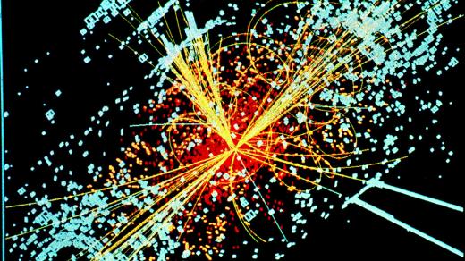 Simulace zobrazující objevení Higgsova bosonu v detektoru CMS (v LHC)