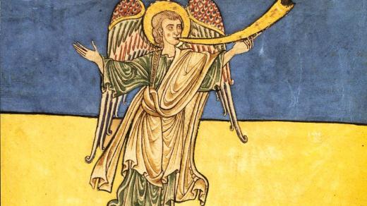 Sedmý anděl z Apokalypsy ohlašuje příchod Božího království. Malba z konce 12. století. ("A zatroubil sedmý anděl. Tu se ozvaly v nebi   silné hlasy: 'Teď se ujal vlády nad tímto světem náš Pán a jeho Pomazaný a bude kralovat na věčné věky!" - Zj 11,15)