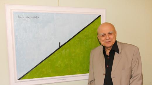 Ivan Mládek před svým minimalistickým obrazem Bača ide do hor