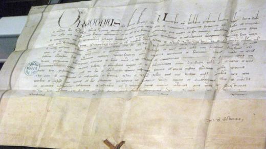 Papežská odpustková listina, papežská kancelář, Avignon Francie, 6.10.1371, Papež Řehoř XI. uděluje odpustky na jeden rok a 40 dní všem, kteří přispějí na dokončení opravy kostela sv. Petra a Pavla na Vyšehradě
