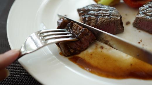 steak, oběd, jídlo, příbory