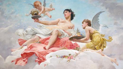 Hebé, bohyně věčné mladosti a číšnice olympských bohů, servíruje nápoje na stropní fresce vozu namalované Františkem Ženíškem