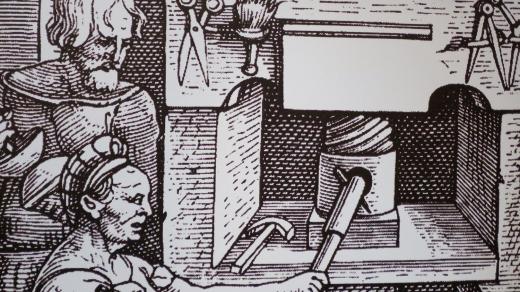 Dobová rytina prvního tiskařského lisu