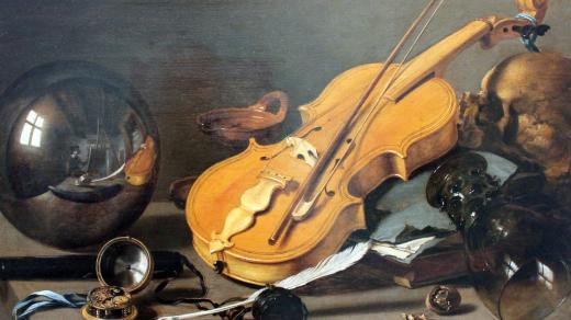 Pietr Claesz: Vanitas stále žije s autoportrétem (olej 35,9 x 59 cm, 1628 - výřez)