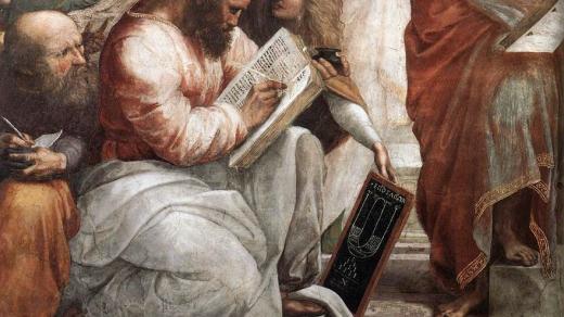 Pythagoras ze Samu na Rafaelově fresce Aténská škola z roku 1509