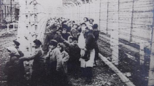 Fotografie dětí v koncentračním táboře v Osvětim. Druhý a třetí zpředu dvojčata Jiří a Josef Fischerovi