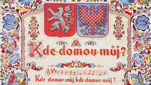 Obraz s folklórními ornamenty a hymnou „Kde domov můj?“. Litografie, maloval a vlastním nákladem vydal R.H. Ivan Letenský, počátek 40. let 20. století (z knihy Státní hymna České republiky v proměnách doby)