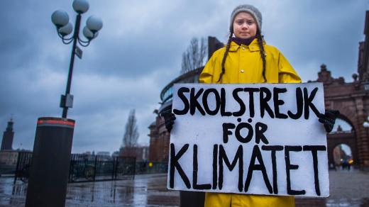 Patnáctiletá Švédka Greta Thunbergová protestuje před švédským parlamentem proti změně klimatu.