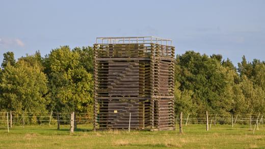 Rozhledna Vrchovina stojí uprostřed zelených pastvin
