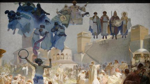 Alfons Mucha: Zavedení slovanské liturgie na Velké Moravě. Obraz z cyklu Slovanská epopej