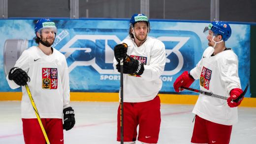 Čeští hokejoví útočníci Roman Červenka a David Pastrňák a Pavel Zacha