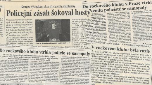 Koláž z tisku po brutální razii v klubu Propast