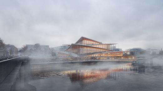 Vizualizace nové budovy filharmonie v Praze od dánského studia Bjarke Ingels Group. Stát má na levém břehu Vltavy v lokalitě Vltavská