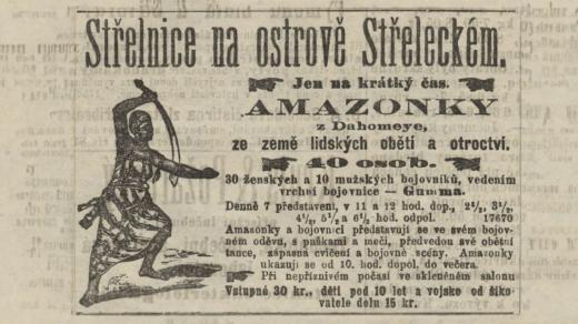 Reklama na vystoupení tzv. dahomejských amazonek v Národních listech ze dne 11.9.1892 (upraveno)