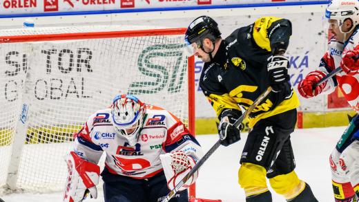 Útočník Litvínova Nicolas Hlava před brankářem Pardubic Romanem Willem v zápase 21. kola Tipsport extraligy