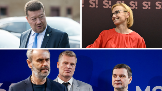 V opozici se vedle hnutí ANO zformovaly tři politické tábory. Vlevo nahoře Tomio Okamura, vpravo nahoře Kateřina Konečná (KSČM), dole zleva Róbert Šlachta (Přísaha), Filip Turek (za Přísahu a Motoristy) a Petr Macinka (Motoristé)