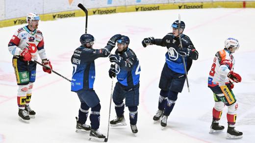 Hokejisté Plzně se radují ze vstřeleného gólu do sítě Pardubic