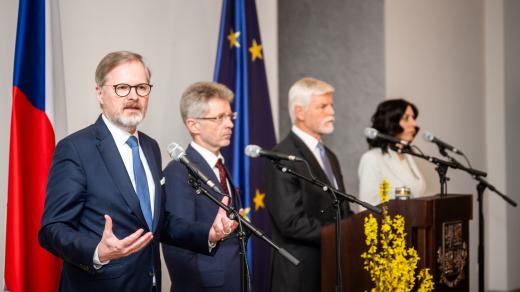 Premiér Petr Fiala (ODS), předseda Senátu Miloš Vystrčil (ODS), prezident Petr Pavel a předsedkyně Sněmovny Markéta Pekarová Adamová (TOP09) (zleva doprava)
