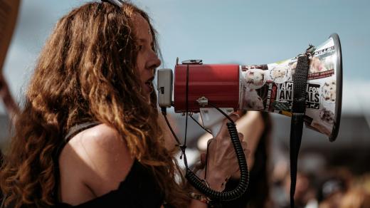 žena, megafon, demonstrace, zvuk, hlas, protest