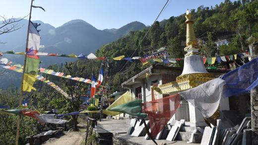 Stúpa - buddhistická stavba, která je symbolem klidu a míru - ve vesnici Baruwa