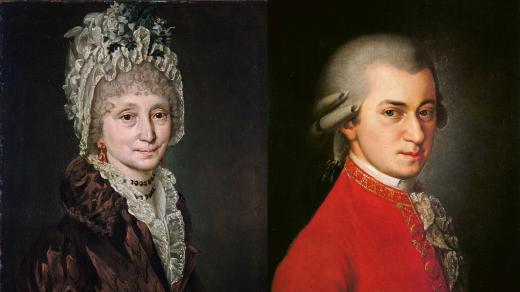 Barbara Krafft: autoportrét (vlevo) a Wolfgang Amadeus Mozart (vpravo)