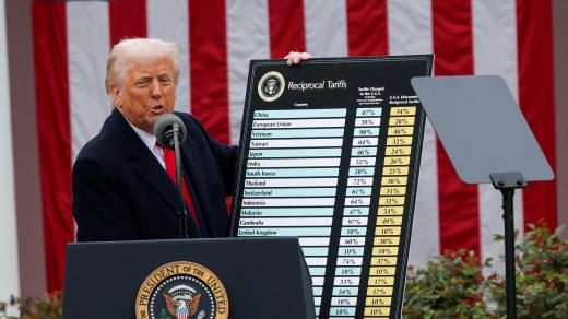 Americký prezident Donald Trump hovoří o clech v Růžové zahradě Bílého domu ve Washingtonu, D.C., USA, 2. dubna 2025