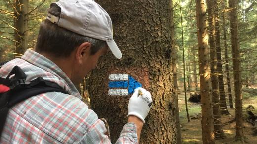 Značkař KČT David Mičunek značí novou trasu u Rejvízu v Jeseníkách